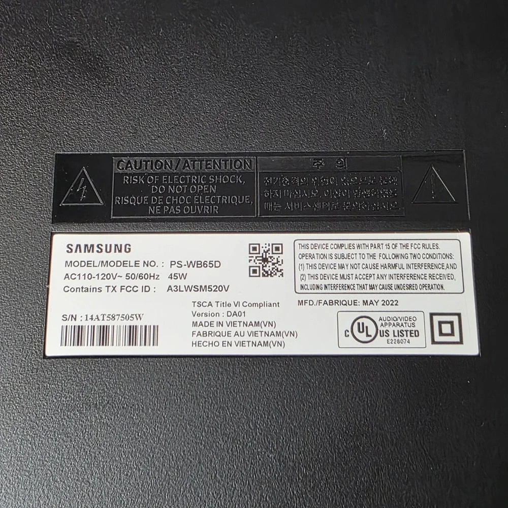 Samsung PS-WB65D Wireless Subwoofer 45W Home Theater Bass Speaker w/ Power Cord